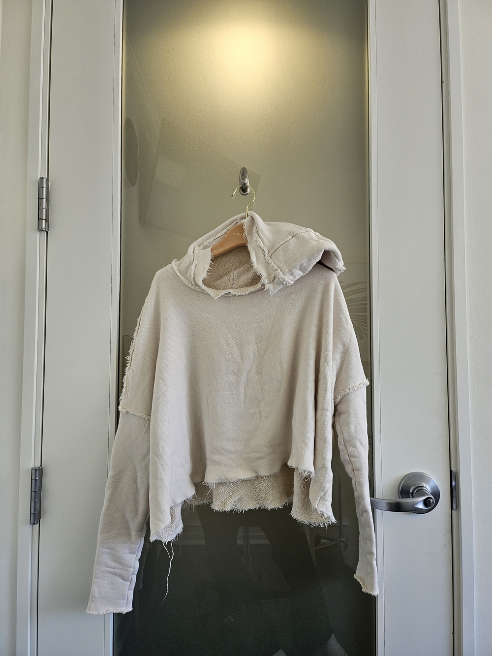 Free People Light Beige Raw-Edge Cropped Hoodie